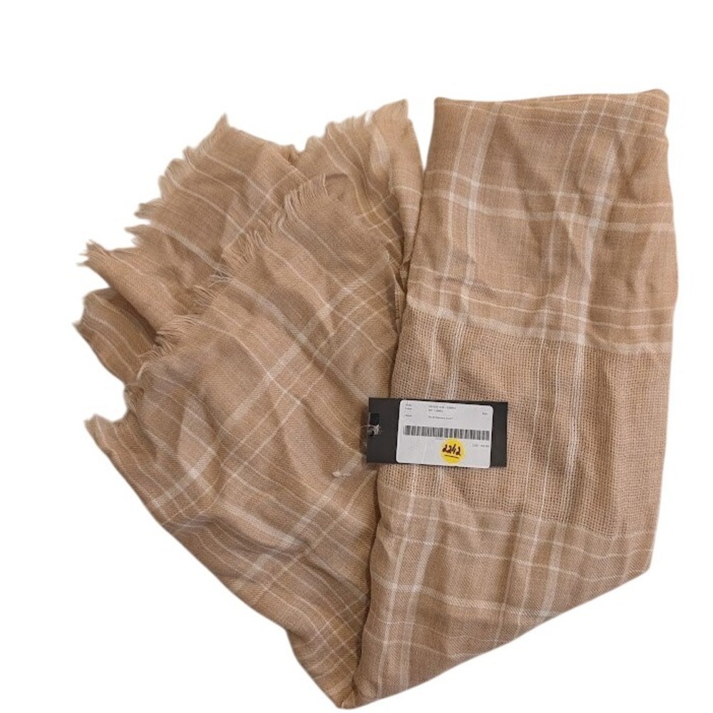 WEEKEND MaxMara Emiro‎ Camel Plaid Stole Square Scarf Fringe Detail Elegant